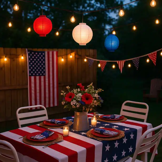Patriotic backyard setup with string lights, red, white, and blue lanterns, and a star-spangled table for 4th of July celebration.