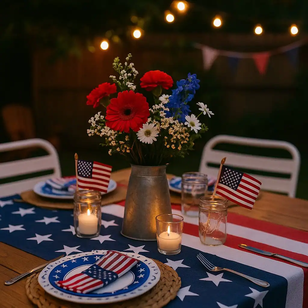Minimalist living room with star-themed pillows, USA flag decor, and red, white, and blue pennant garland for 4th of July.