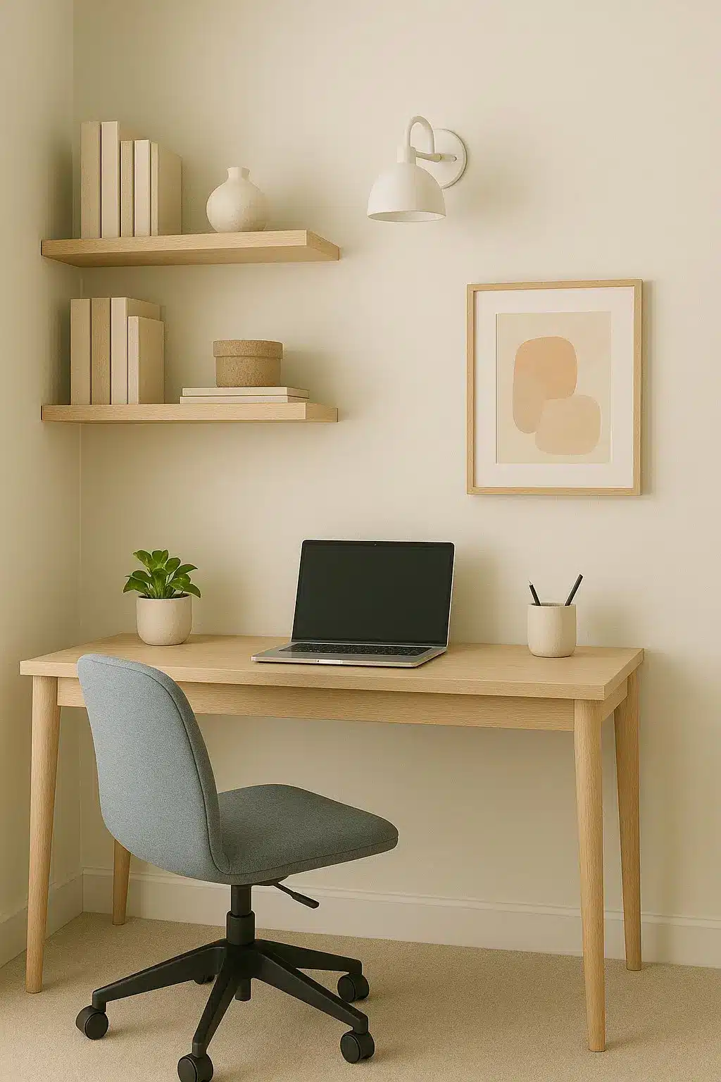 Foldable desk and ergonomic chair in a minimalist small workspace