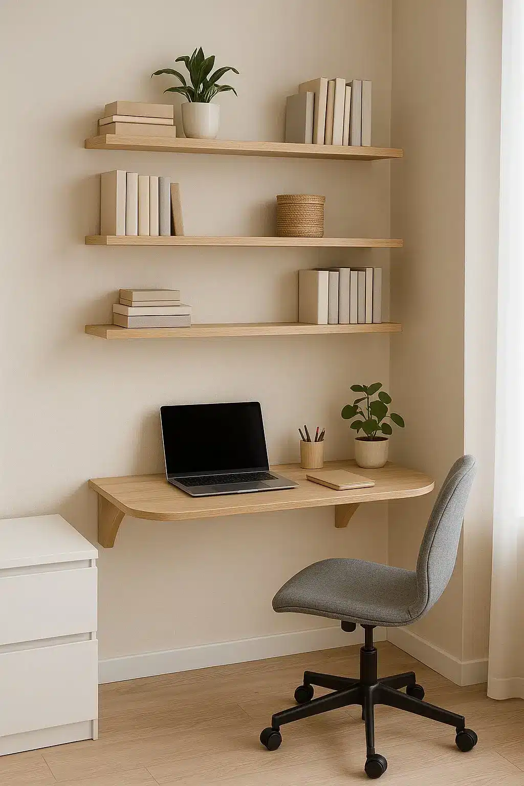 Small home office with pastel walls and vertical storage units