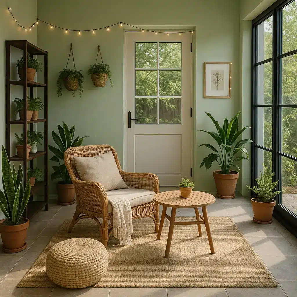 Peaceful conservatory with pastel green walls, rattan armchair, and potted plants in a winter garden setup