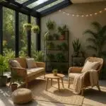 Sunlit winter garden with glass walls, wicker furniture, and indoor plants for a cozy 2025 retreat
