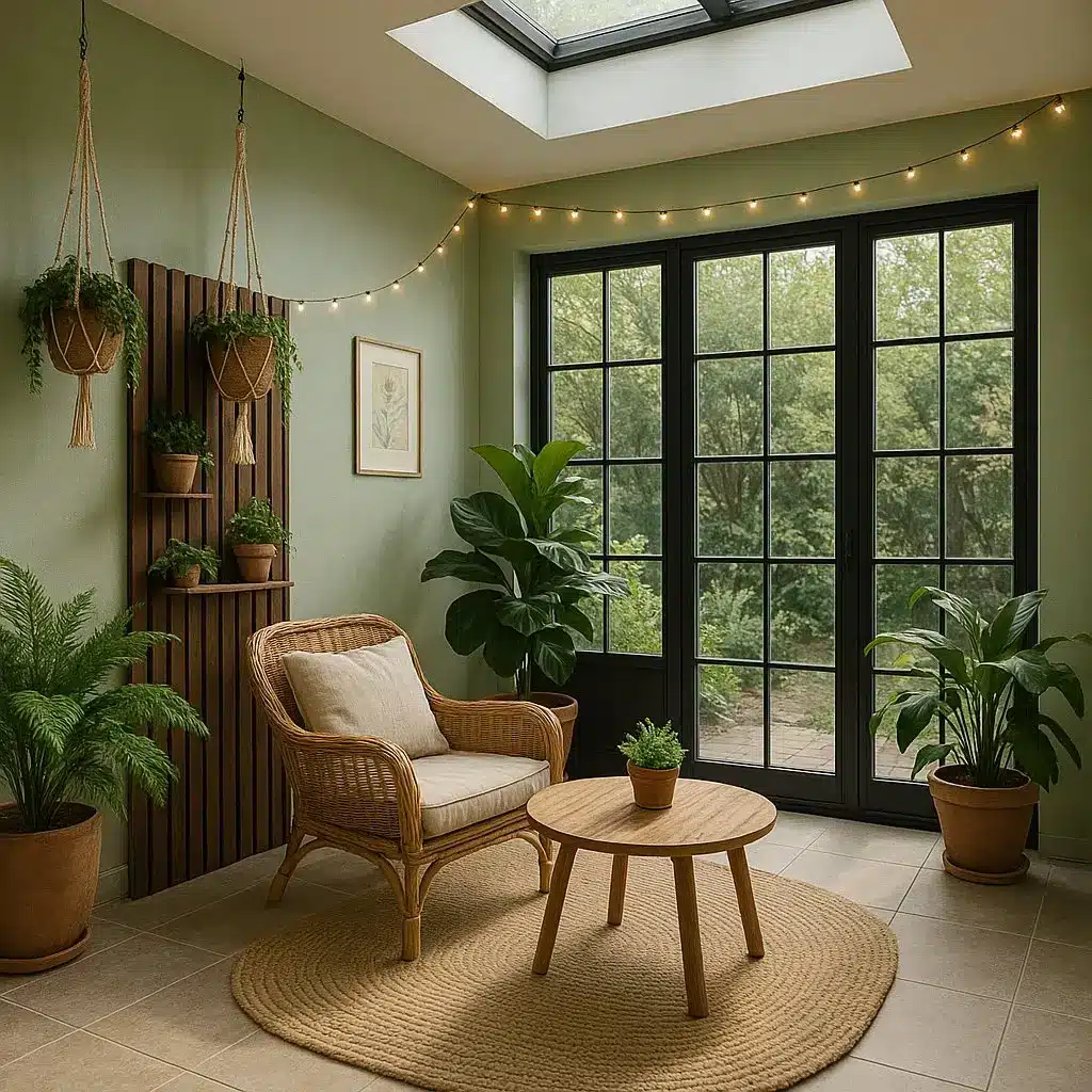 Bright winter garden with skylight, hanging planters, and natural materials in a 2025–2026 design style