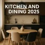 Modern kitchen and dining room with dark wood cabinets, stone backsplash, round wooden table, and soft upholstered chairs under a pendant light.