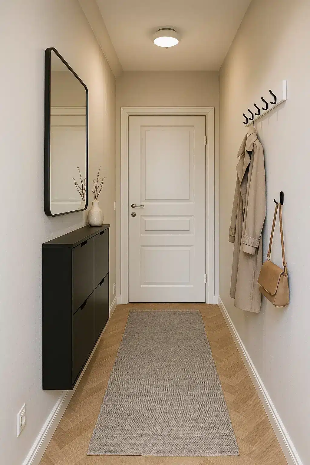 Narrow hallway with light-colored walls, mirror, and shoe storage alt="Small hallway design with mirror and wall-mounted shoe cabinet"