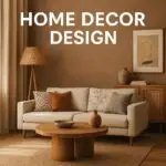 Modern living room design featuring a neutral-toned sofa, wooden coffee table, terracotta vase, rattan lamp, and earthy wall decor.