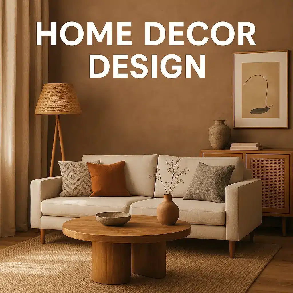 Modern living room design featuring a neutral-toned sofa, wooden coffee table, terracotta vase, rattan lamp, and earthy wall decor.