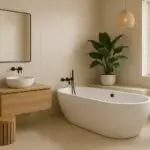 Modern spa-style bathroom with freestanding tub and wood accents alt="2025 bathroom design with freestanding tub and wooden details"