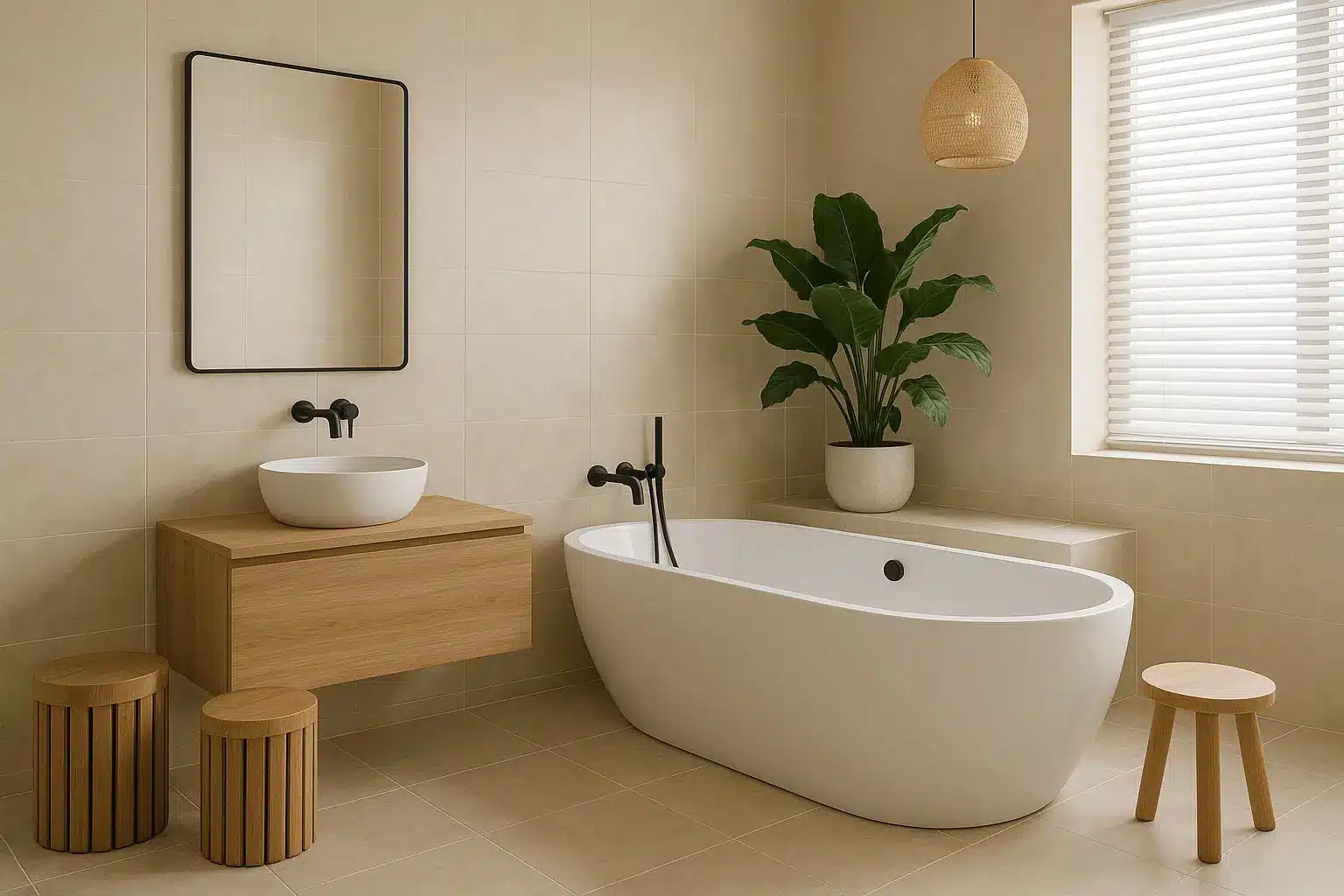 Modern spa-style bathroom with freestanding tub and wood accents alt="2025 bathroom design with freestanding tub and wooden details"