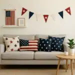 Close-up of an outdoor dining table decorated with American flags, candles, and patriotic tableware for Independence Day.