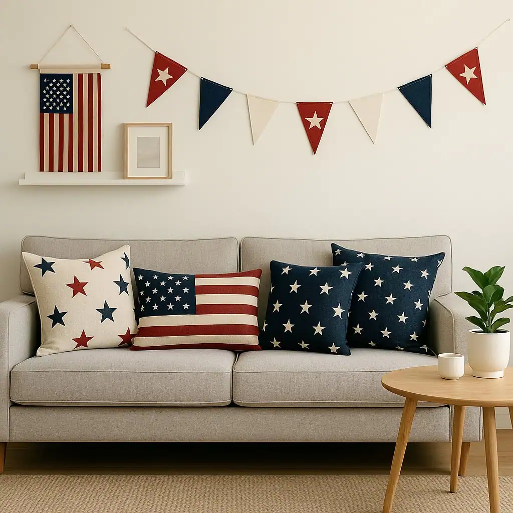 Close-up of an outdoor dining table decorated with American flags, candles, and patriotic tableware for Independence Day.
