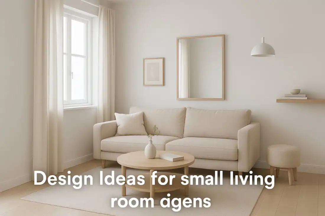 A minimalist small living room with light beige walls, a two-seater sofa, a wooden round coffee table, a large wall mirror, and simple decor that enhances natural light, creating a spacious and airy feel.