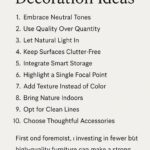 List of 10 minimalist decoration ideas including neutral tones, quality furniture, natural light, clutter-free surfaces, smart storage, a single focal point, added texture, indoor plants, clean lines, and thoughtful accessories, presented in a simple black and white design.