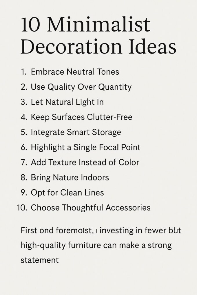 List of 10 minimalist decoration ideas including neutral tones, quality furniture, natural light, clutter-free surfaces, smart storage, a single focal point, added texture, indoor plants, clean lines, and thoughtful accessories, presented in a simple black and white design.