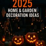 Halloween 2025 home and garden decoration scene with glowing carved pumpkins, a skeleton, floating ghosts, lanterns, and tombstones in front of a dark haunted house.