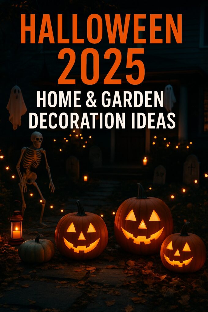 Halloween 2025 home and garden decoration scene with glowing carved pumpkins, a skeleton, floating ghosts, lanterns, and tombstones in front of a dark haunted house.