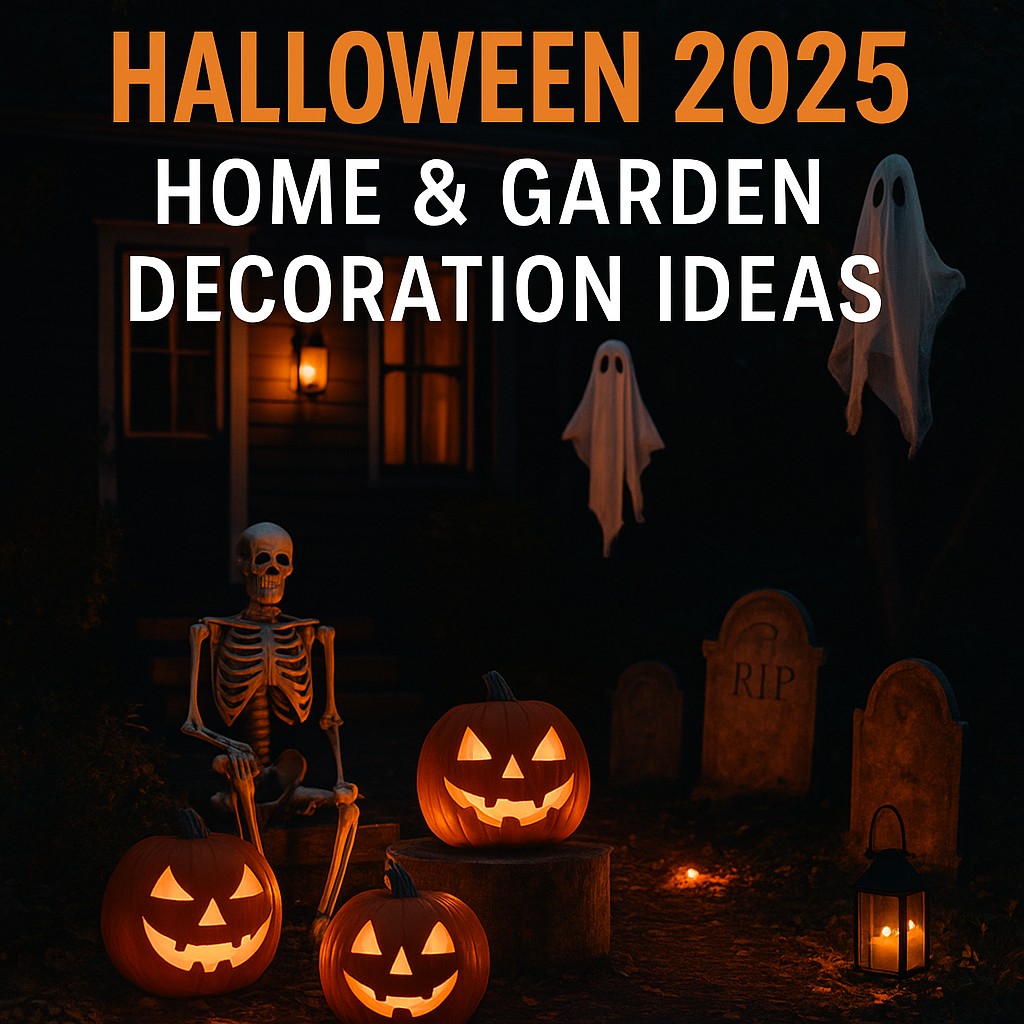 Halloween 2025 home and garden decoration scene with glowing carved pumpkins, a skeleton, floating ghosts, lanterns, and tombstones in front of a dark haunted house.