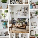 A collage of affordable interior decoration ideas including DIY flower pots, wall art gallery, pallet coffee table with vases, hanging plants, mirrors, and cozy textiles in a bright, budget-friendly living room.