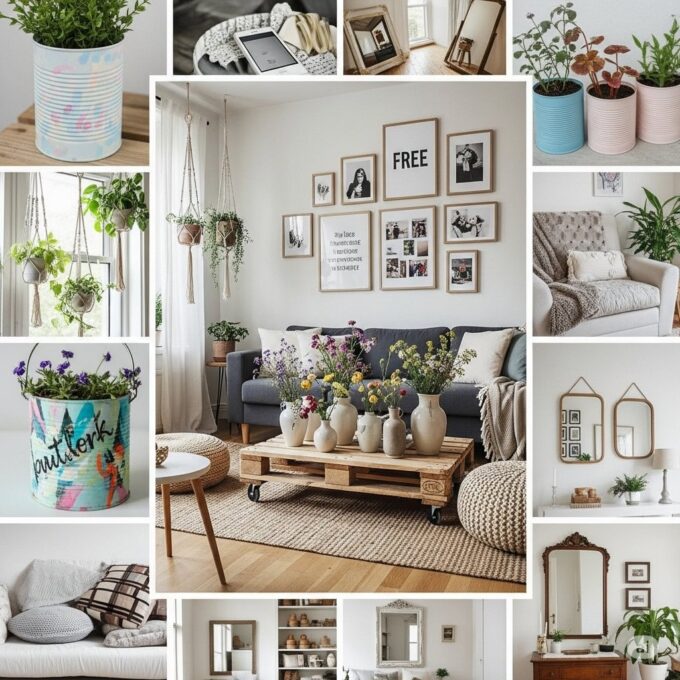 A collage of affordable interior decoration ideas including DIY flower pots, wall art gallery, pallet coffee table with vases, hanging plants, mirrors, and cozy textiles in a bright, budget-friendly living room.