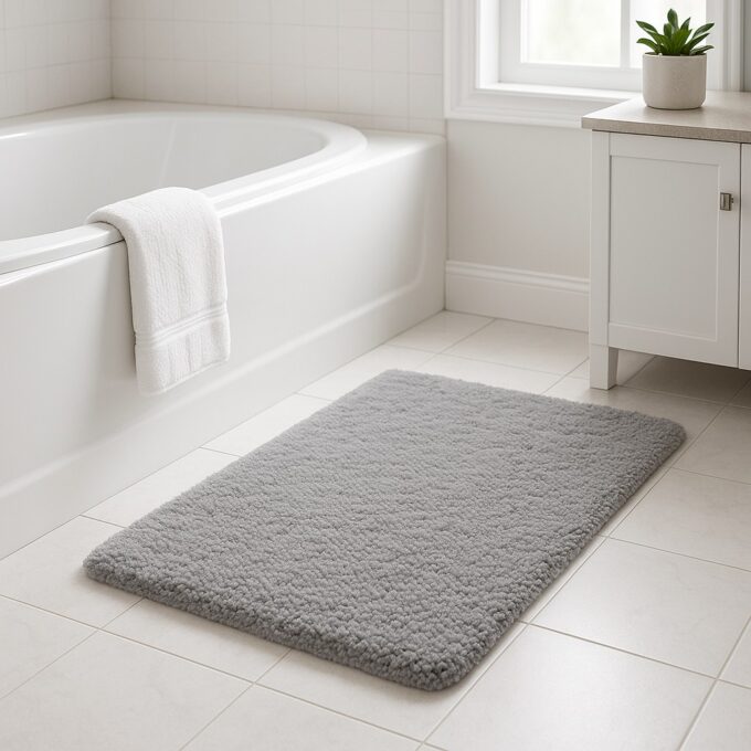 Soft light gray bathroom rug on white tiles next to a bathtub and vanity with a potted plant.