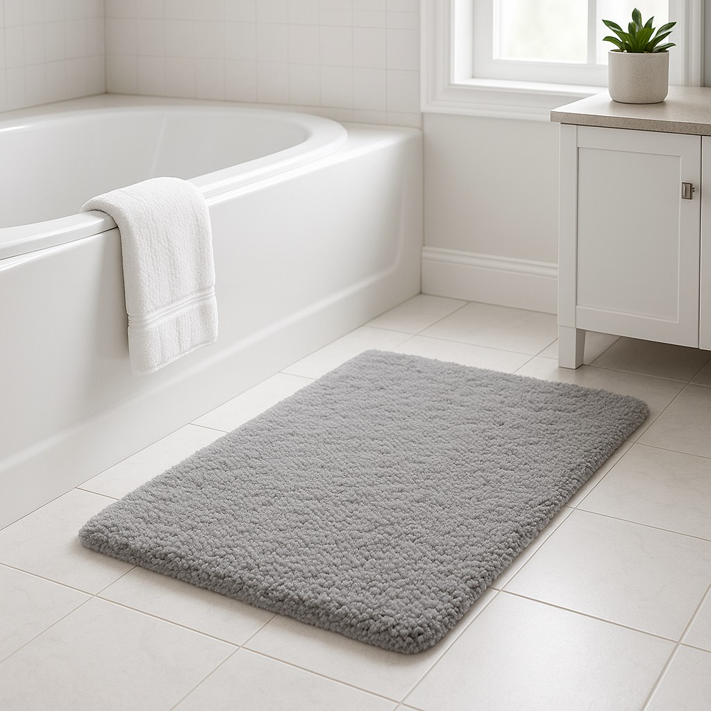 Soft light gray bathroom rug on white tiles next to a bathtub and vanity with a potted plant.