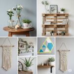 Budget-friendly home decoration ideas including DIY pallet shelves, macramé wall hangings, potted plants, and handmade wall art for a cozy and stylish interior.