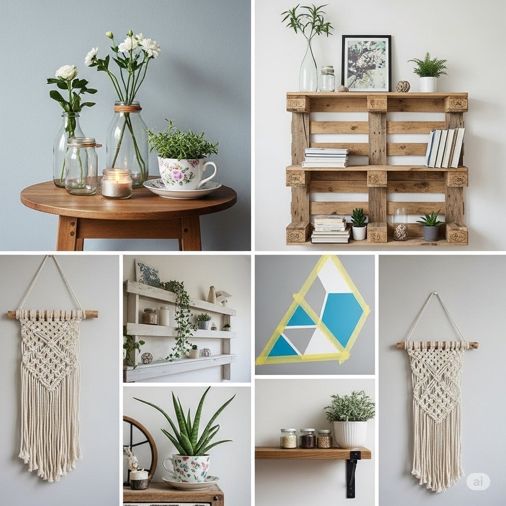Budget-friendly home decoration ideas including DIY pallet shelves, macramé wall hangings, potted plants, and handmade wall art for a cozy and stylish interior.