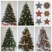 Different styles of decorated Christmas trees featuring classic red and gold, minimalist ornaments, rustic berries, and creative star toppers