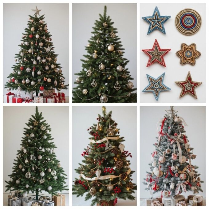 Different styles of decorated Christmas trees featuring classic red and gold, minimalist ornaments, rustic berries, and creative star toppers