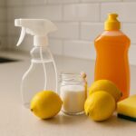 A modern kitchen countertop with cleaning essentials including lemons, a glass jar of salt, an orange dish soap bottle, a spray bottle, and a yellow sponge arranged neatly in front of a white tiled backsplash.