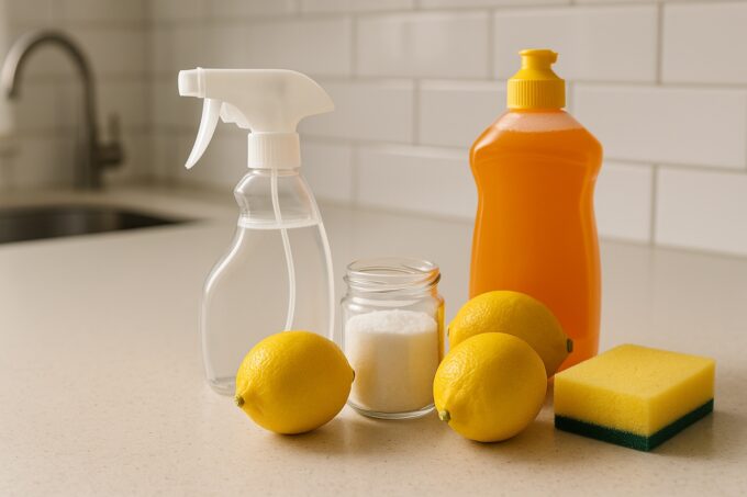 A modern kitchen countertop with cleaning essentials including lemons, a glass jar of salt, an orange dish soap bottle, a spray bottle, and a yellow sponge arranged neatly in front of a white tiled backsplash.
