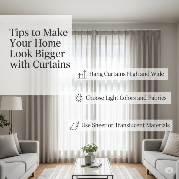 A modern living room with sheer beige curtains hung high and wide, featuring text tips on making a room look bigger using curtains, light colors, and translucent fabrics.