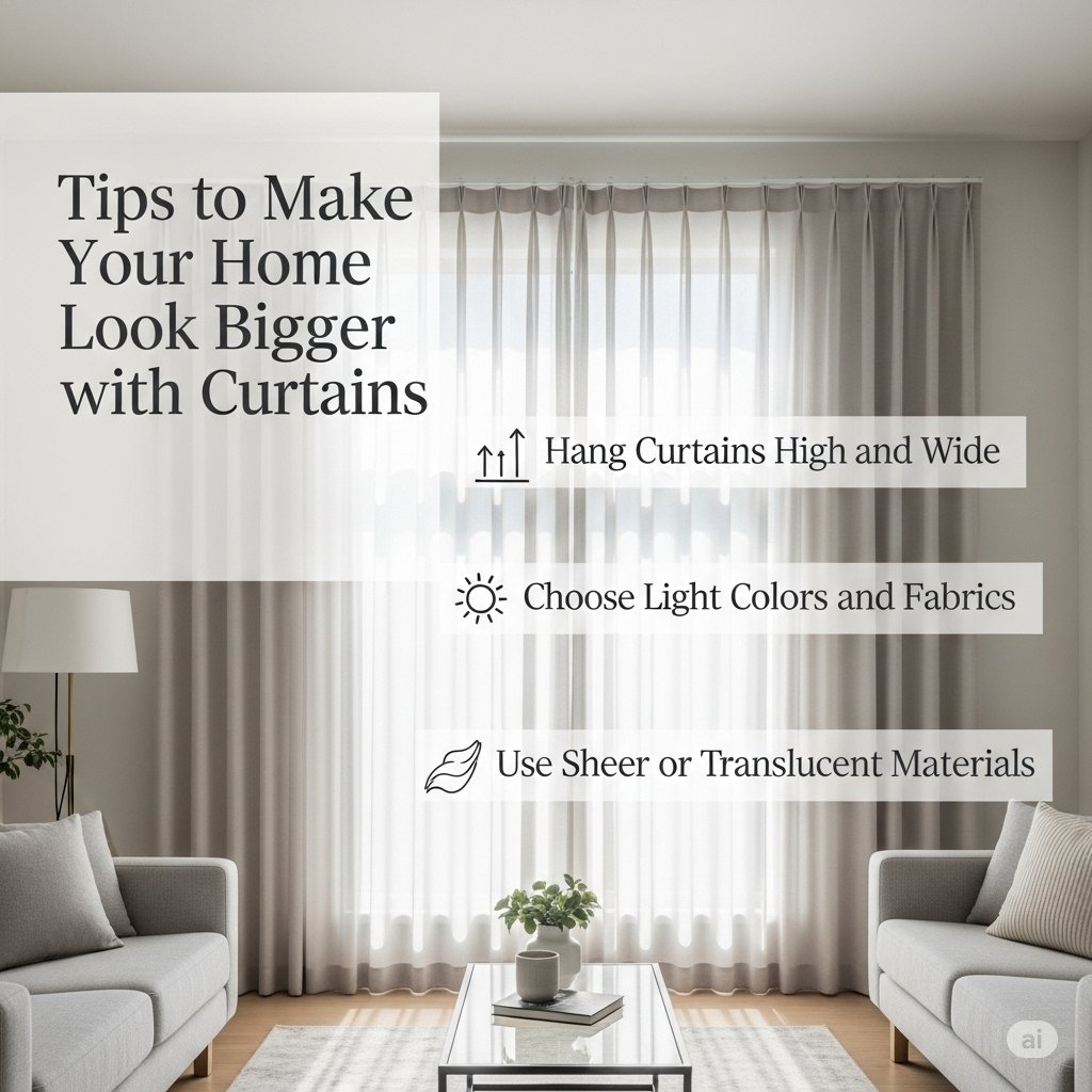 A modern living room with sheer beige curtains hung high and wide, featuring text tips on making a room look bigger using curtains, light colors, and translucent fabrics.