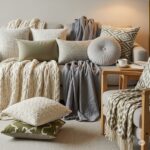 Cozy living room scene featuring a neutral-toned sofa decorated with a mix of textured cushions and throws in beige, grey, and olive green tones, creating a layered and inviting atmosphere.