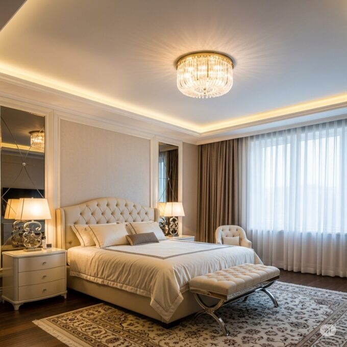 Elegant bedroom with chandelier and layered lighting.
