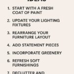 Minimal graphic listing seven home makeover ideas on a beige background, including painting, updating lighting, rearranging furniture, adding statement pieces, incorporating greenery, refreshing soft furnishings, and decluttering.