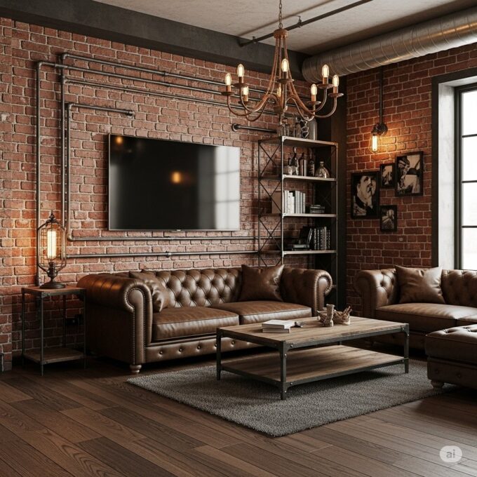 Industrial style living room with exposed brick wall, leather sofas, metal chandelier and rustic coffee table