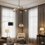Elegant living room showcasing the harmony of layered curtains and multiple lighting sources, including a modern chandelier, floor lamp, and table lamps, creating a warm and balanced interior atmosphere.
