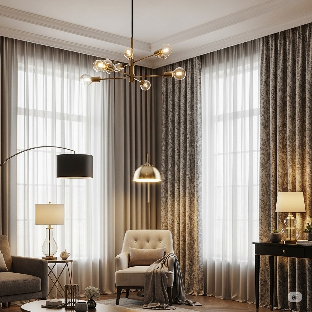 Elegant living room showcasing the harmony of layered curtains and multiple lighting sources, including a modern chandelier, floor lamp, and table lamps, creating a warm and balanced interior atmosphere.