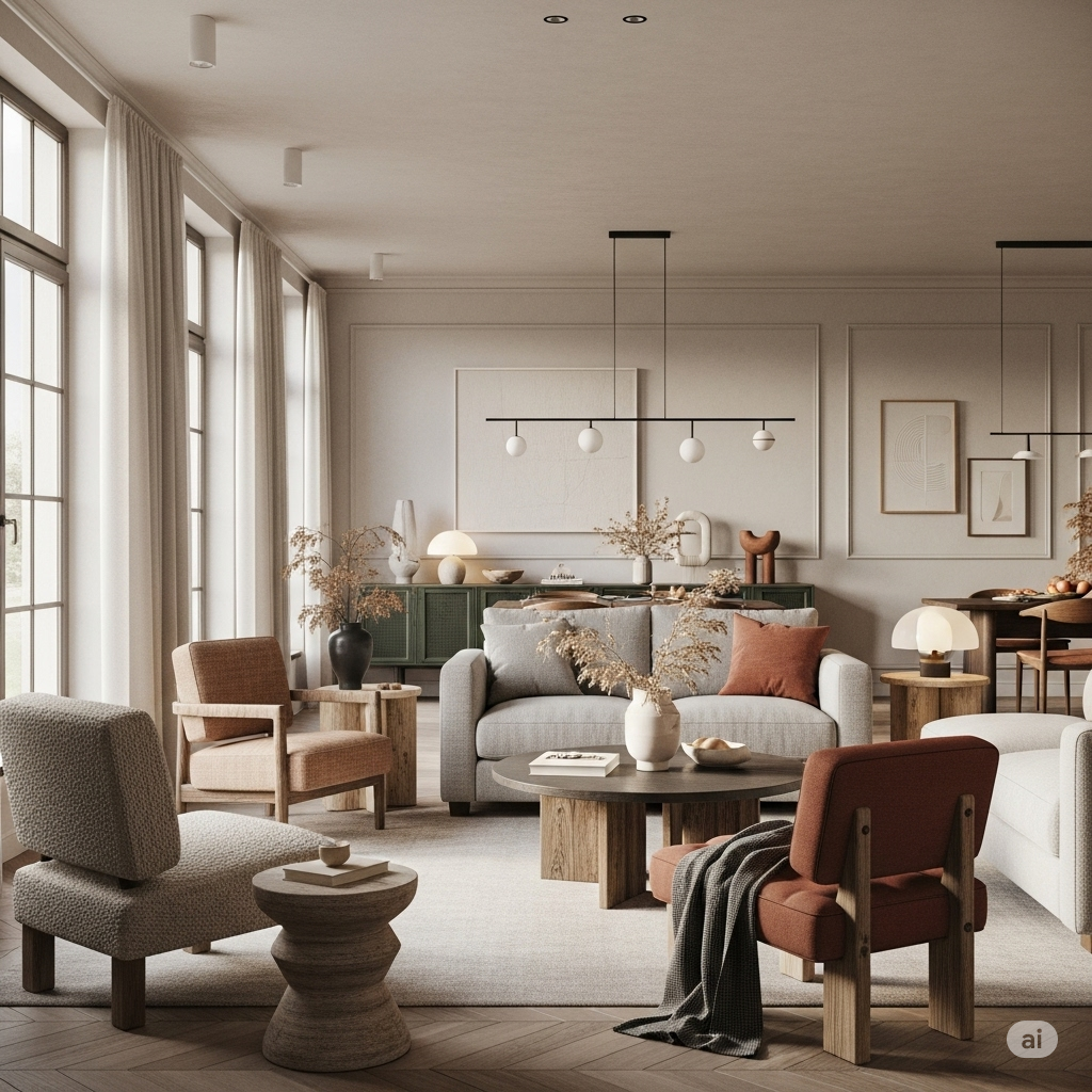 A sophisticated living room featuring neutral tones, high-end materials, and minimal decor—showcasing the essence of quiet luxury with plush seating, soft lighting, and elegant design elements.