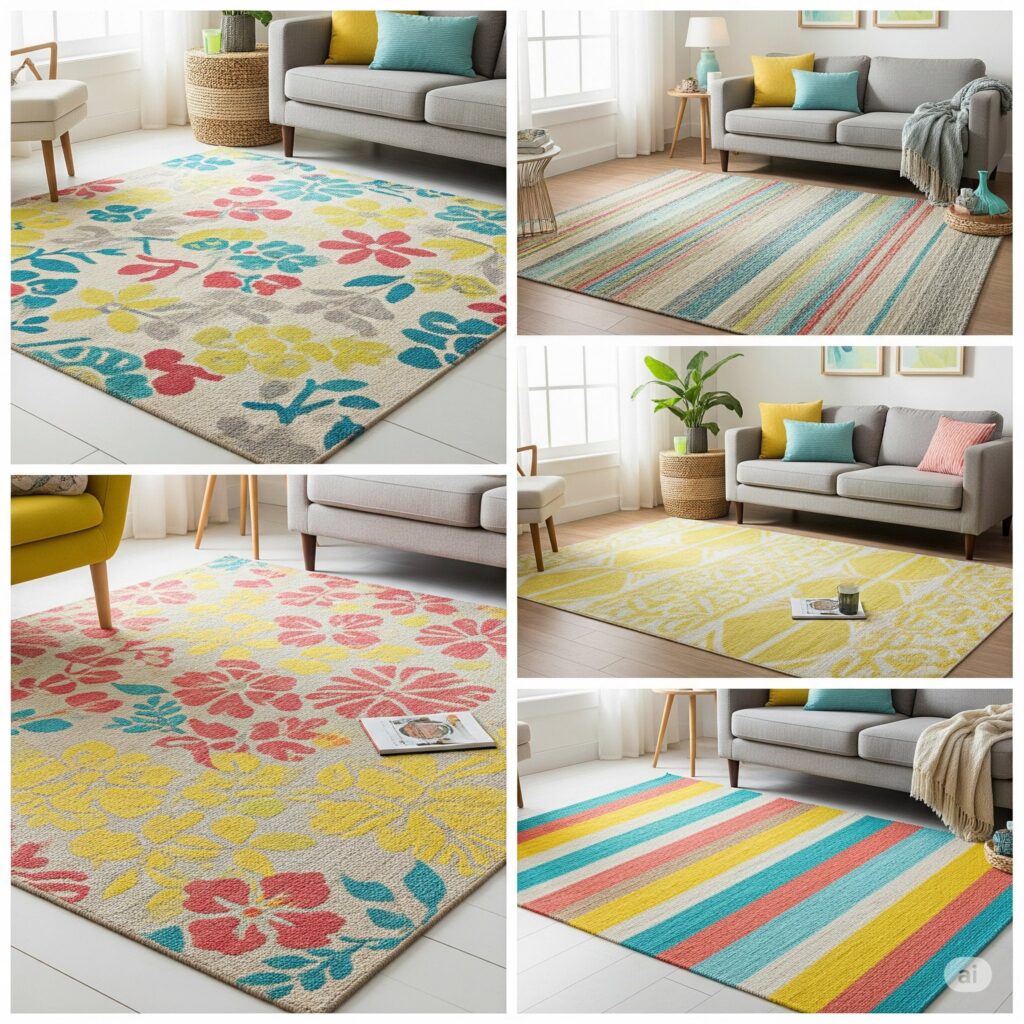  Blue and white striped rug in a coastal style living room