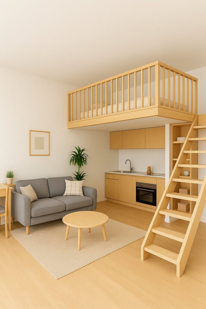 A modern small loft apartment with a cozy gray sofa, light wood kitchenette, indoor plants, and a lofted bed area, showcasing smart space-saving design.