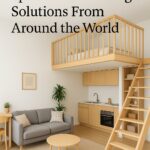 A compact modern living space featuring a lofted bedroom, light wood finishes, a cozy gray sofa, and minimalist décor — showcasing smart small space design solutions.