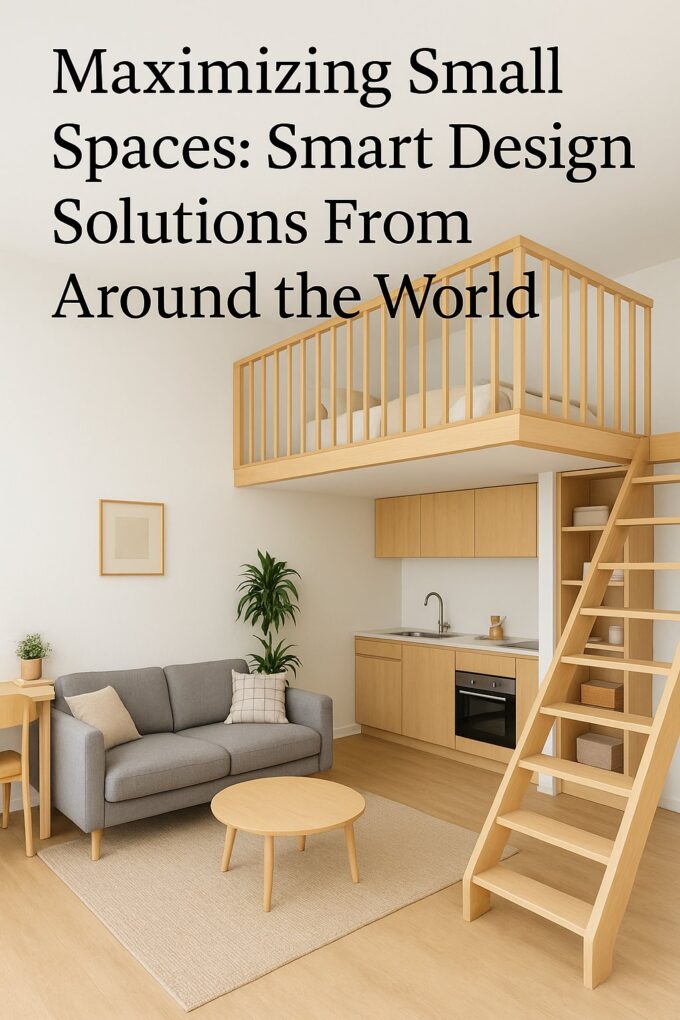 A compact modern living space featuring a lofted bedroom, light wood finishes, a cozy gray sofa, and minimalist décor — showcasing smart small space design solutions.