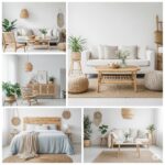 Minimalist summer home interior with natural wood furniture, light beige tones, woven rugs, indoor plants, and airy fabrics creating a calm and refreshing coastal vibe.