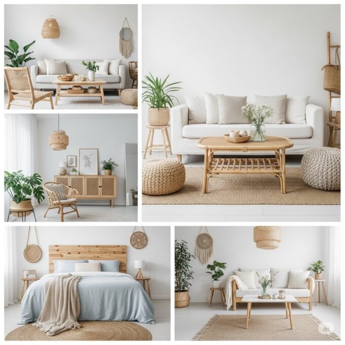 Minimalist summer home interior with natural wood furniture, light beige tones, woven rugs, indoor plants, and airy fabrics creating a calm and refreshing coastal vibe.
