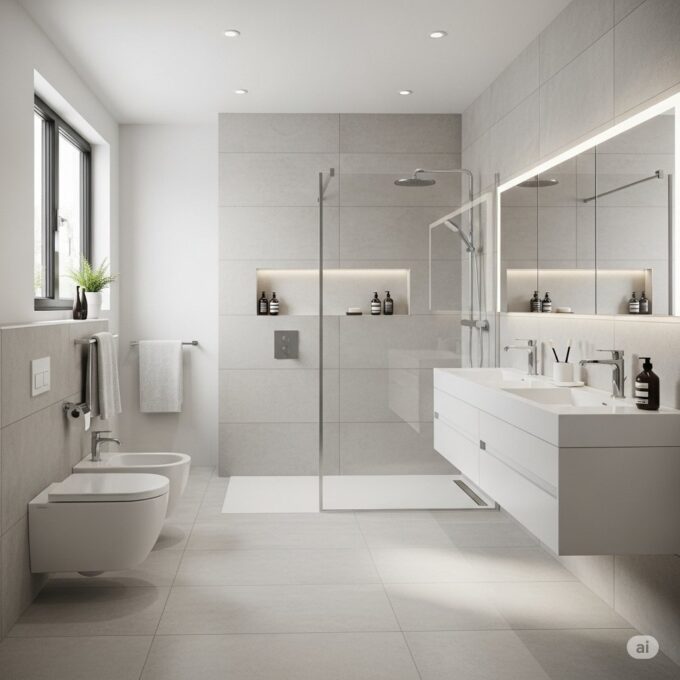 Modern bathroom design featuring a walk-in glass shower, floating vanity with double sinks, wall-mounted toilet and bidet, large mirror with LED lighting, and neutral gray tiles.