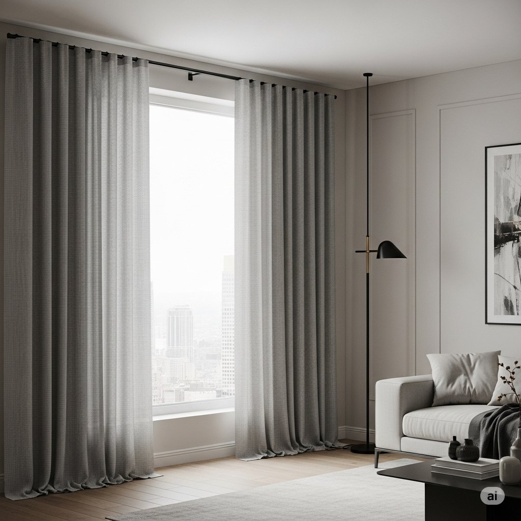 Modern grey ripple fold curtains in a minimalist living room with neutral tones and city view through a large window.