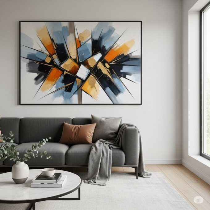 Abstract geometric canvas art in blue, orange, and gold tones above a modern gray sofa in a bright living room.