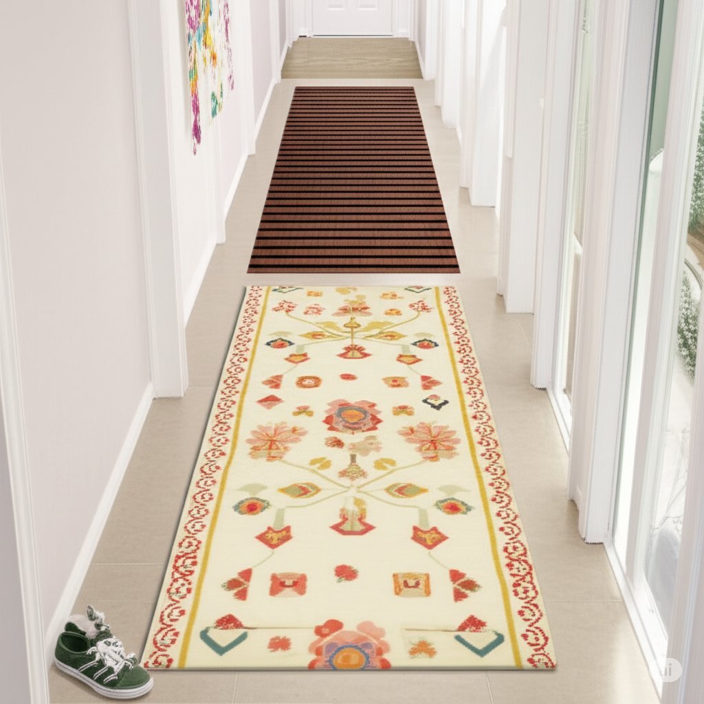Two different hallway runner rugs in a bright corridor – one with a colorful traditional pattern and the other with dark horizontal stripes.